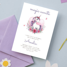 Födelsedagsfest för Magic Blommigt Unicorn Flickak Inbjudningar