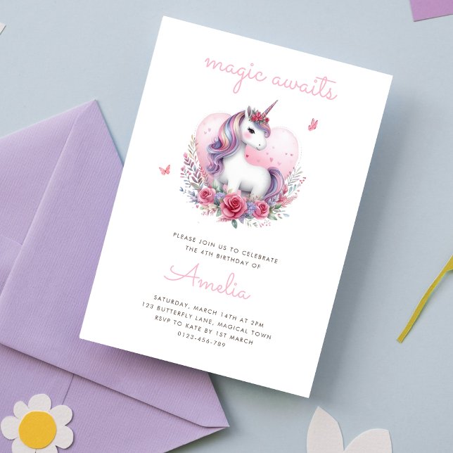 Födelsedagsfest för Magic Blommigt Unicorn Flickak Inbjudningar (Skapare uppladdad)