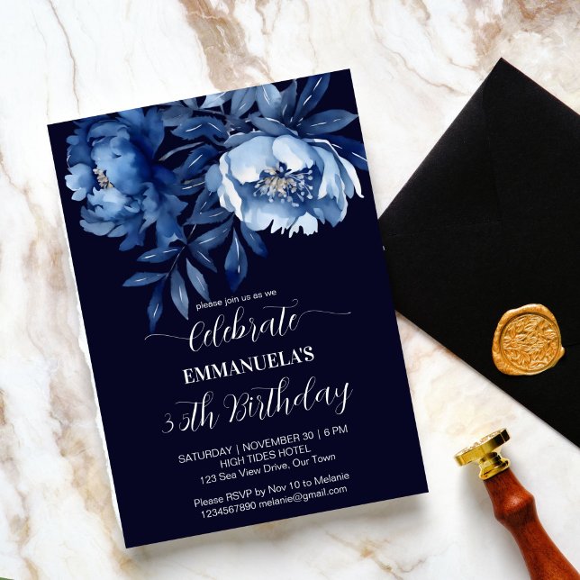 födelsedagsfest för marin blå blommigt i elegant inbjudningar (Elegant navy blue floral birthday party editable template invitation digital download blue peonies)