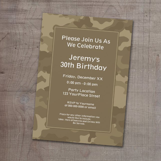 Födelsedagsfest för militärt tema i Camo Inbjudningar (Camouflage Birthday Party, Military graduation or cocktail party invitation.)