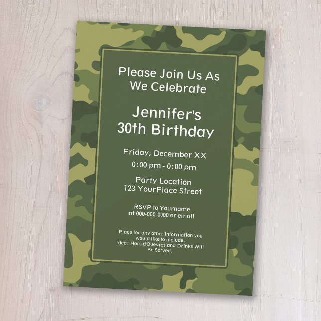 Födelsedagsfest för militärt tema i Camo Inbjudningar (A camouflage print birthday party invitation)