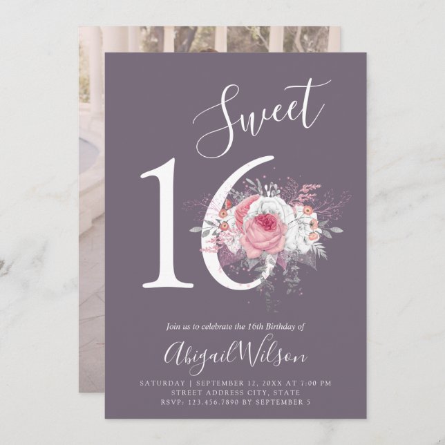 Födelsedagsfest för modern elegant-blommigt inbjudningar (Fram/baksida)