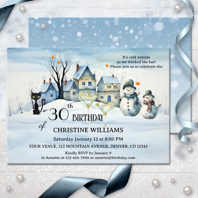 Födelsedagsfest för modern konstgjord Vuxen Inbjudningar (Adult winter birthday invitation featuring a watercolor snow covered landscape with a black cat)