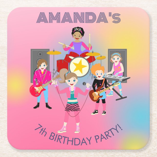 Födelsedagsfest för musikflickor i Retro Underlägg Papper Kvadrat (Framsidan)