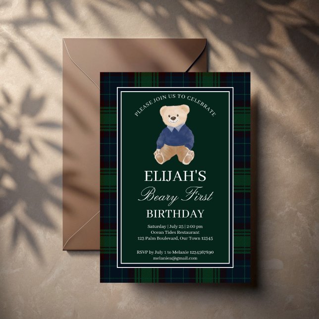 födelsedagsfest för nalle av grönt inbjudningar (Green plaid polo teddy bear birthday party invitation cards template cute teddy elegant invites)