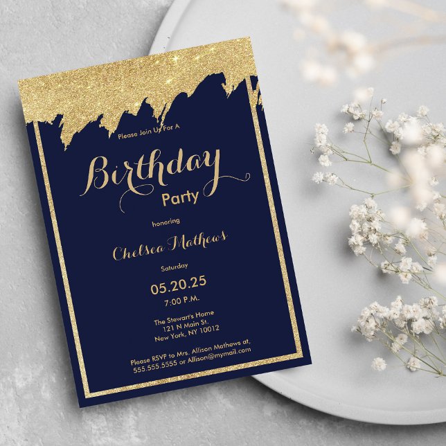 Födelsedagsfest för penseldrag för marint blå guld inbjudningar (Navy blue gold glitter brushstrokes Birthday Party Invitation )