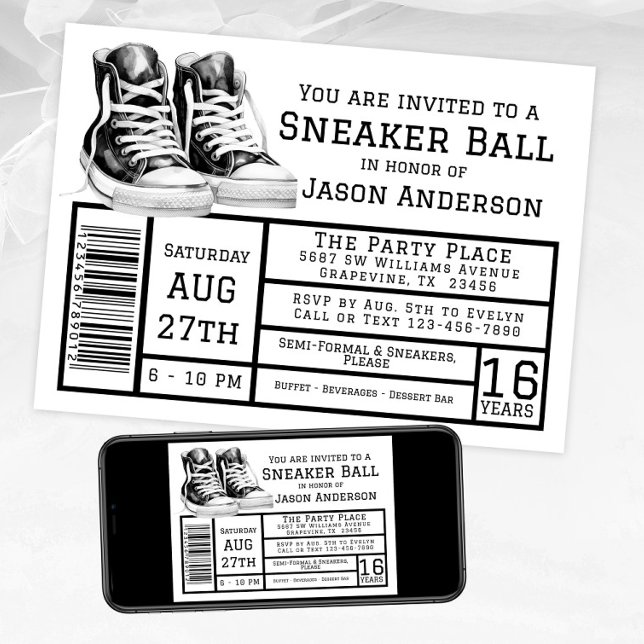Födelsedagsfest för pojke med sneakers inbjudningar (Sneaker ball invitation with black sneakers box label style. Available instant download and print.)
