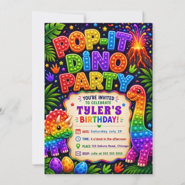 Födelsedagsfest för Pop It-dinosaurier Inbjudningar (Framsida)