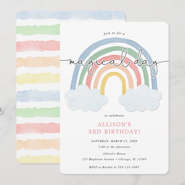 Födelsedagsfest för regnbåge med vattenfärg, paste inbjudningar (Fram/baksida)
