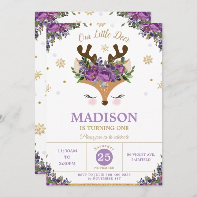 Födelsedagsfest för renare Lila Blommigt Snöflingo Inbjudningar (Fram/baksida)