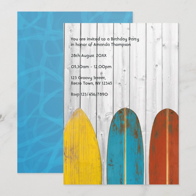 Födelsedagsfest för Retro Rustic Surfer Beach Inbjudningar (Fram/baksida)