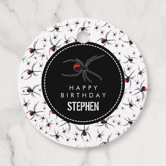 Födelsedagsfest för röd och svart spider gåvor etiketter (Framsida)
