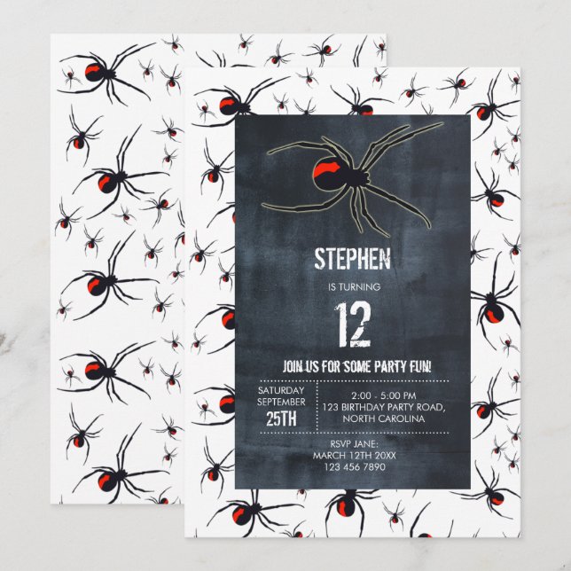 Födelsedagsfest för röd och svart spider inbjudningar (Fram/baksida)