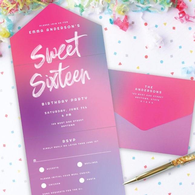 Födelsedagsfest för roligt i färgen Modern Sweet s (Fun Colorful Modern Sweet Sixteen Birthday Party All In One Invitation)