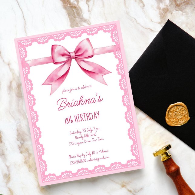 födelsedagsfest för rosa bågkoquett inbjudningar (Pink bow coquette birthday party invitation editable template digital download vintage retro lace)