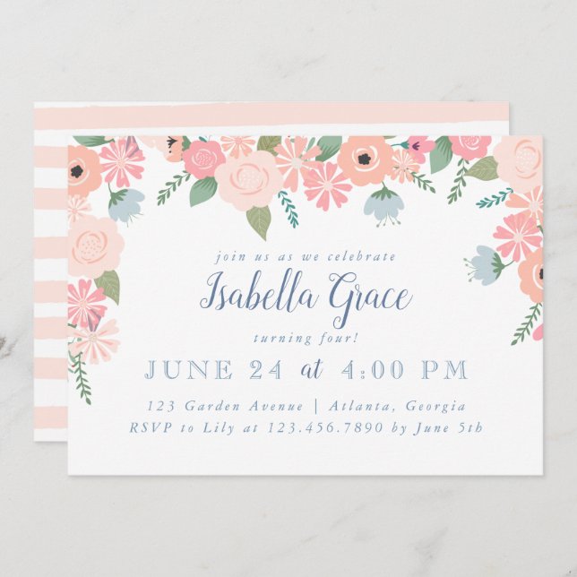 Födelsedagsfest för rosa Blommigt-blooms Inbjudningar (Fram/baksida)