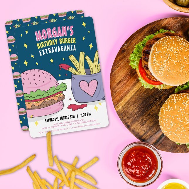 Födelsedagsfest för Rosa Burger och Fries Inbjudningar (Skapare uppladdad)