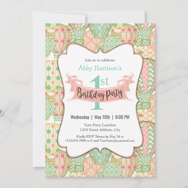 Födelsedagsfest för rosa och Luftballong i akvarie Inbjudningar (Framsida)