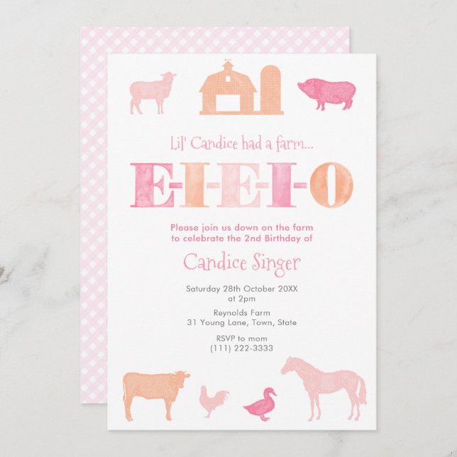 Födelsedagsfest för rosa och persiko-EIO-odling fö Inbjudningar (Fram/baksida)