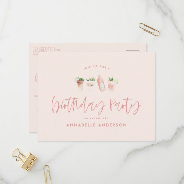 Födelsedagsfest för rosa snyggt av cocktail inbjudan vykort (Fram/Back In Situ)