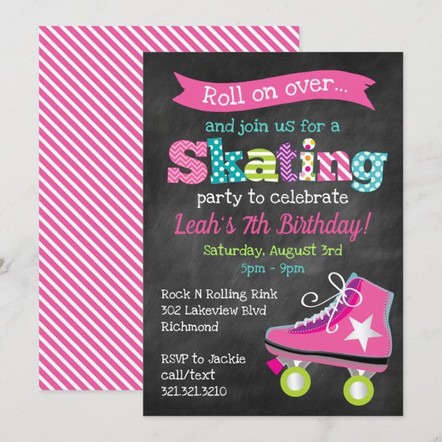 Födelsedagsfest för rullskridskor (Girls Roller Sk Inbjudningar (Fram/baksida)
