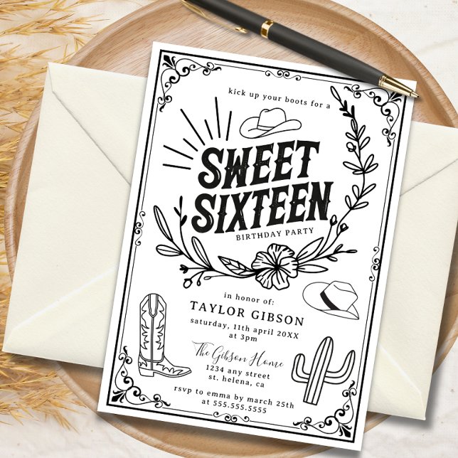 Födelsedagsfest för Rustic Vilda western Inbjudningar (Rustic cowgirl Sweet Sixteen birthday invitation with western design.)