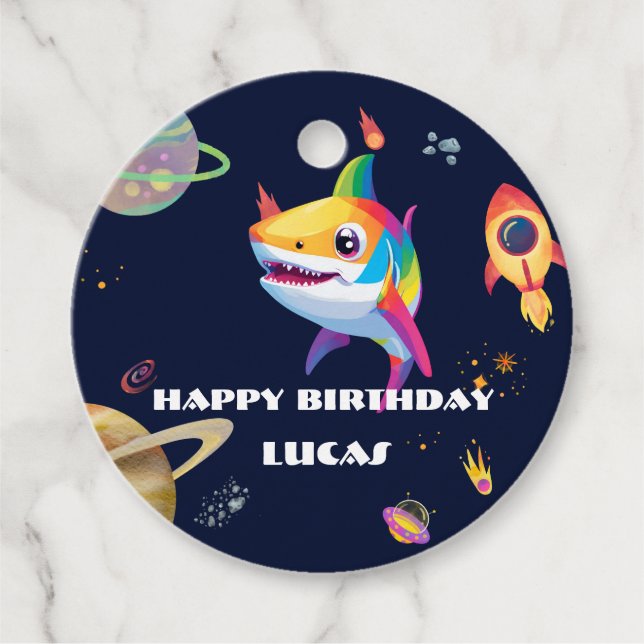 Födelsedagsfest för ruterhaj Galaxy Rocket Gåvor Etiketter (Framsida)