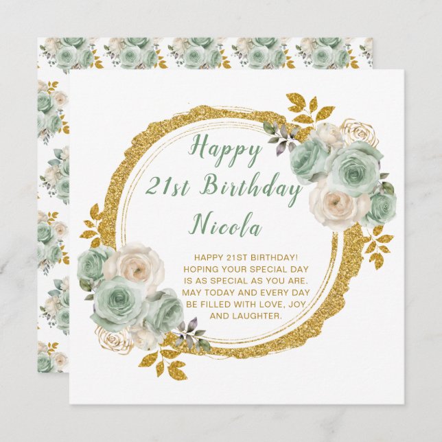 Födelsedagsfest för Sage Grönt och Guld Elegant Fl Kort (Fram/baksida)