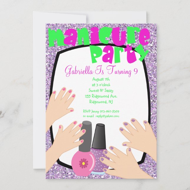 Födelsedagsfest för Spa för lilaglitterManicure Inbjudningar (Framsida)