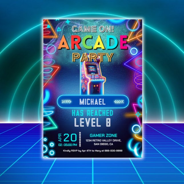 Födelsedagsfest för spelgrafik med nybörjare inbjudningar (Neon Arcade Gaming Party Invitation)