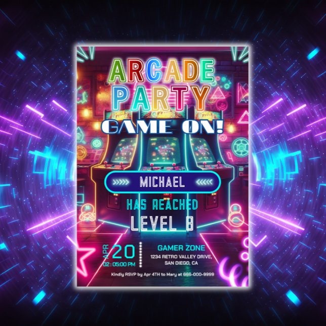 Födelsedagsfest för spelgrafik med nybörjare inbjudningar (Neon Arcade Birthday Party Invitation)