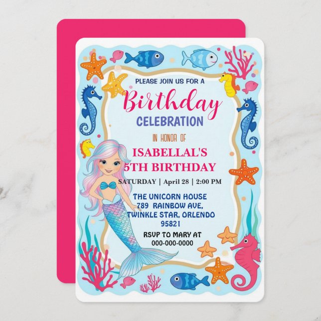 Födelsedagsfest för stjärna för sjöjungfru av ljus spara datumet (Fram/baksida)