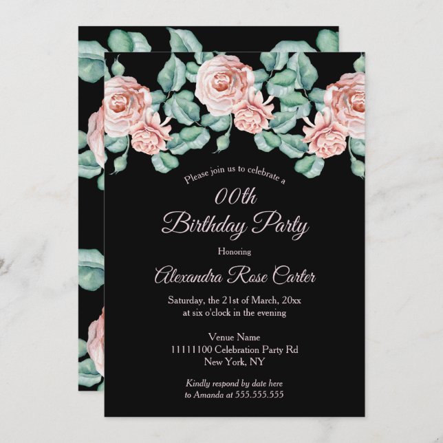 Födelsedagsfest för svart blommigt i elegant Rosa  Inbjudningar (Fram/baksida)