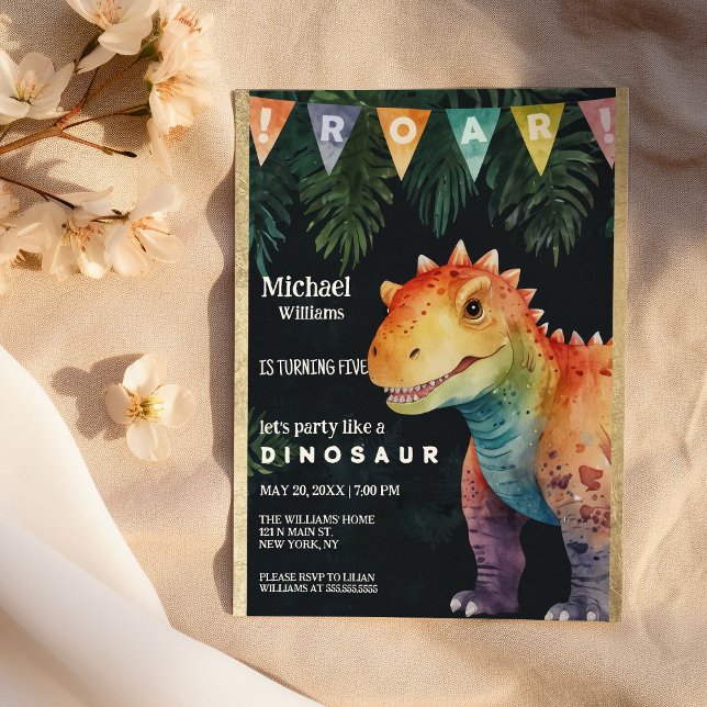 Födelsedagsfest för svart Orange med svart inandni Inbjudningar (Colorful Orange Black Dino Banner Birthday Party)