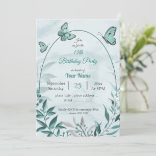 födelsedagsfest för tealblåsfjärilar löv blommigt inbjudningar