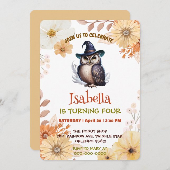 Födelsedagsfest för tecknad av kål Uggla-djurblomm Inbjudningar (Fram/baksida)