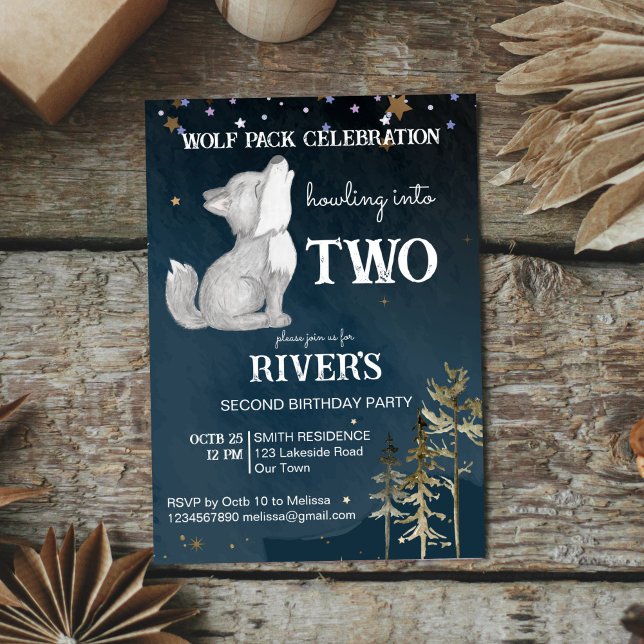 Födelsedagsfest för tema för låg varg inbjudningar (Howling into two Little wolf themed birthday party invitation editable template instant download)