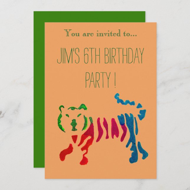 Födelsedagsfest för tiger-chassi för spjälldjungel inbjudningar (Fram/baksida)