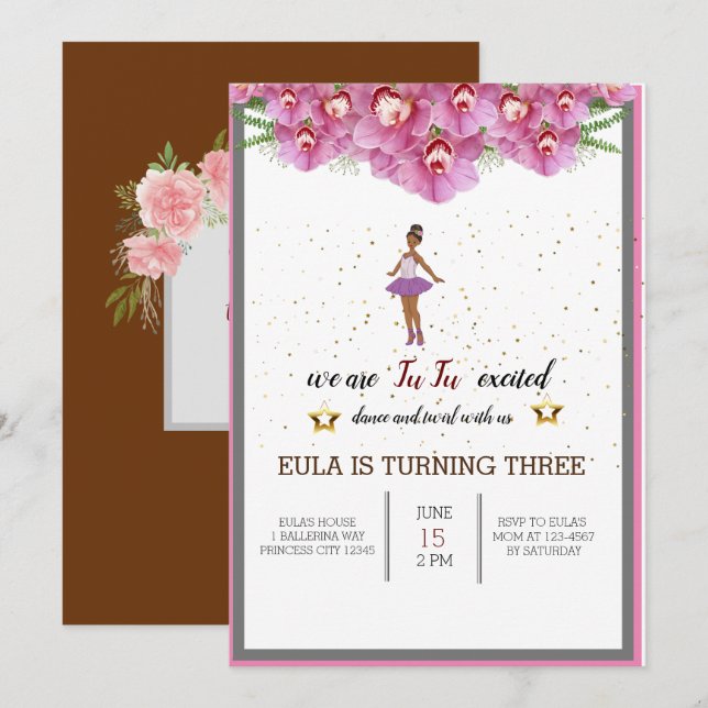 Födelsedagsfest för tunn Rosa Blommigt Ballet med  Tack Kort (Fram/baksida)
