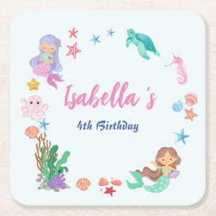 Födelsedagsfest för vattenfärg i cute-Sjöjungfrun Underlägg Papper Kvadrat