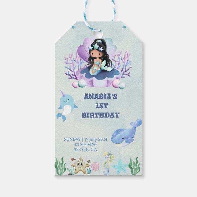 Födelsedagsfest för vattenfärg i magisk Sjöjungfru Presentetikett (Framsidan)