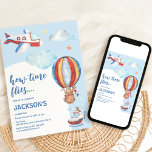 Födelsedagsfest för vattenfärgen i Kids Vintage Av Inbjudningar<br><div class="desc">Få in redot till jet i födelsedagsfesten på året med våra flygtematiska inbjudningar till fester! Inställd mot en ljusblå vattenfärgsbakgrund är inbjudan försedd med ett lekfullt rött, vitt och blått flygplan och luftballong, som skjuter mot en handskriven himmel med moln och stjärnor. Den bästa delen? Du kan enkelt anpassa mallarna...</div>