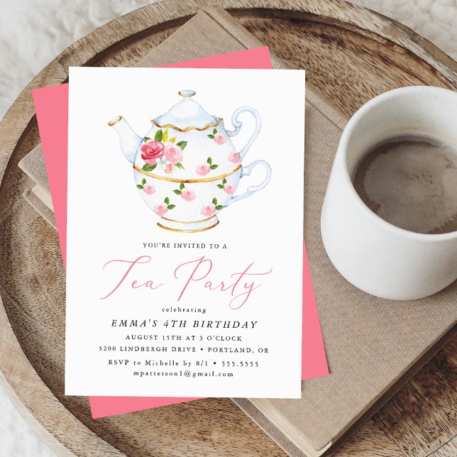 Födelsedagsfest för vattenfärgen Tea Party Barn Inbjudningar (Skapare uppladdad)
