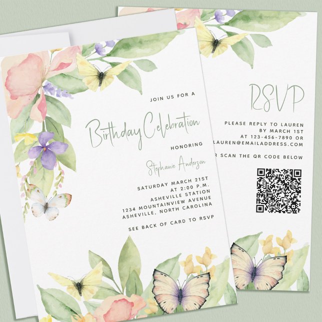 Födelsedagsfest för vattenfärgsfilter Blommigt But Inbjudningar (Watercolor Floral Butterfly QR Code Birthday Party Invitation)