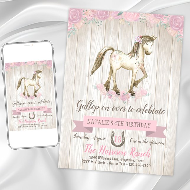 Födelsedagsfest för vattenfärgshäst inbjudningar (Cute pony birthday party invitation. Instant download and printed invitations available.)