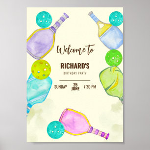 Födelsedagsfest för vattenfärgstema Pickleball Spo Poster