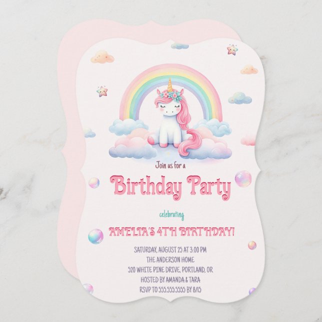 Födelsedagsfest för vattenfärgsunicorns Magic Rain Inbjudningar (Fram/baksida)