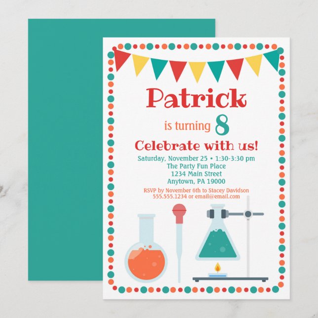 Födelsedagsfest för vetenskapsinbjudningskemi inbjudningar (Fram/baksida)