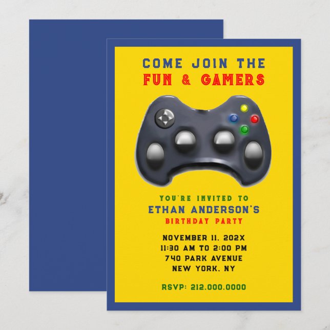 Födelsedagsfest för videospel inbjudningar (Fram/baksida)