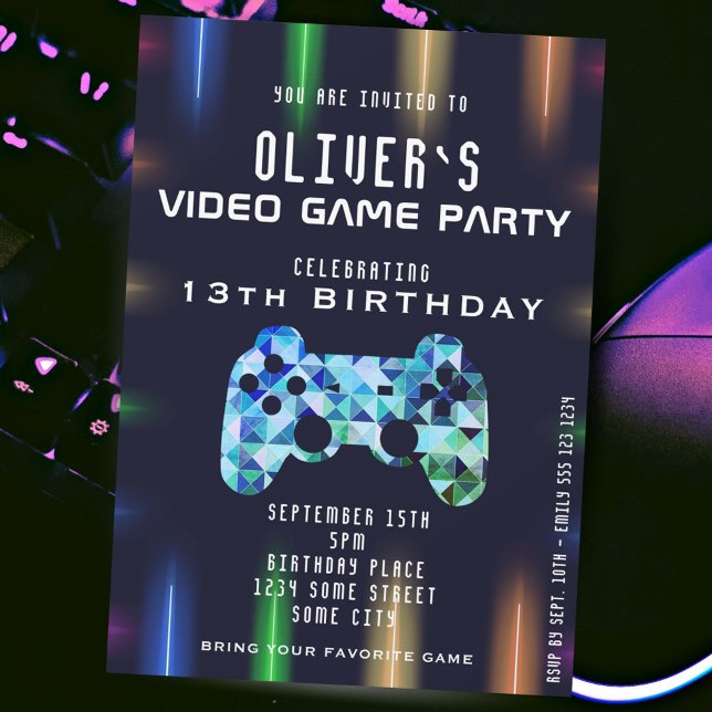Födelsedagsfest för videospel med neonspelkontroll inbjudningar (Skapare uppladdad)